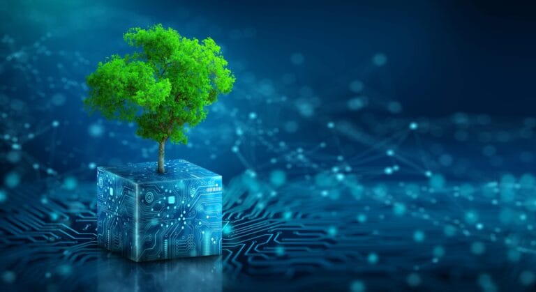 SVILUPPO SOSTENIBILE Albero verde che cresce da un cubo digitale su sfondo astratto tecnologico blu design by cybermediateinment per SST