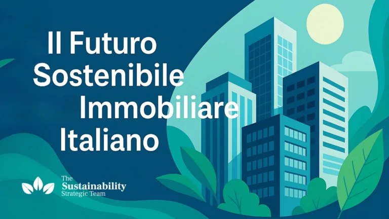 Immagine digitale 1:1 che mostra edifici geometrici stilizzati circondati da grandi foglie verdi, su uno sfondo sfumato dal turchese al blu-verde, evocando sostenibilità e modernità.
