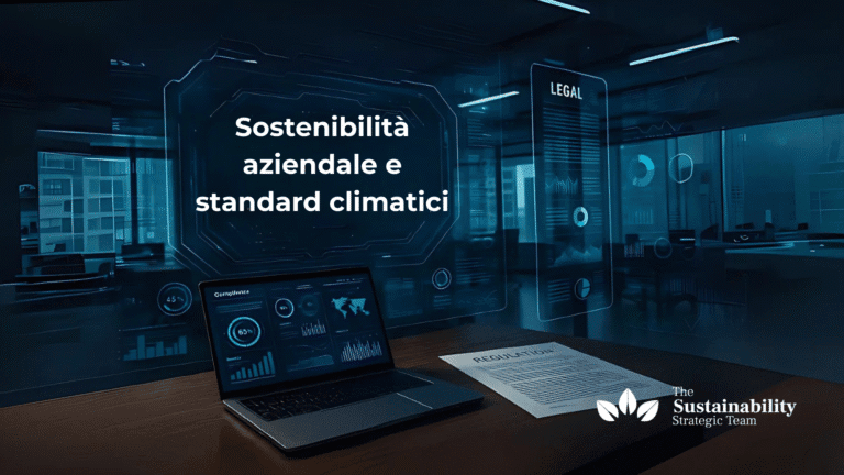 Immagine in stile hi-tech di un ufficio moderno: un grande display trasparente con la scritta “SUSTAINABILITY REGULATION”, un laptop aperto su una scrivania che mostra grafici di compliance e un documento “REGULATION” su un tavolo, il tutto in un ambiente blu-tecnologico.