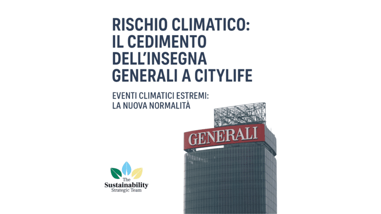 Torre Generali a Milano con il logo parzialmente crollato, sotto un cielo grigio, simbolo della vulnerabilità urbana ai cambiamenti climatici.