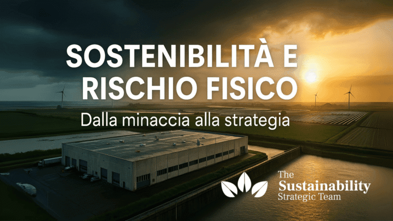 Rischio fisico: stabilimento industriale con barriere anti-alluvione, pannelli solari e turbine eoliche sotto cielo temporalesco al tramonto.